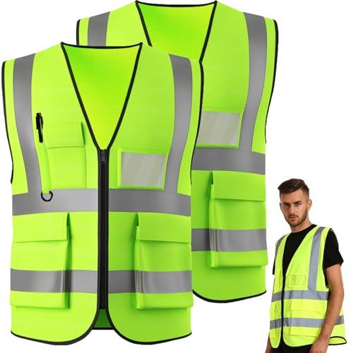 Hao Zhu 2 Pack Hi Vis Vests,Hi Vis Safety Vests with Pockets Zipper Front,Night Workwear Reflective Vest,for Traffic Work, Surveyor and Security Guard Construction Vest