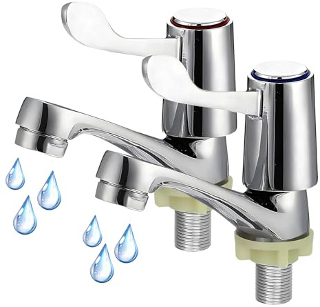 Bathroom Taps Pair, Silvery Bathroom Sink Taps Set of 2, ¼ Turn Lever Tap Fit Basin Mixer Tap Cold and Hot Water, Used for Kitchen Sink to Smooth Water Control