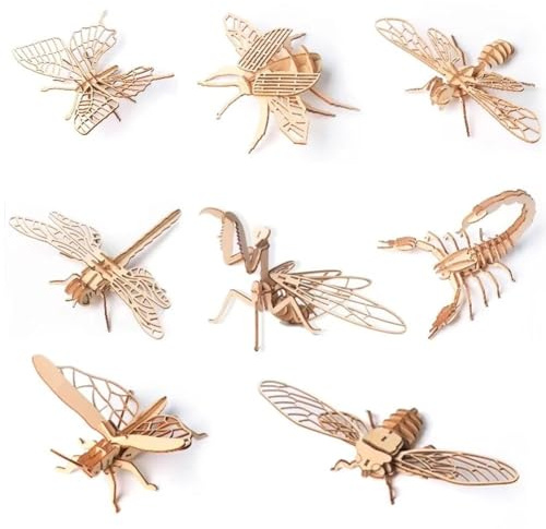 Brxmpn 8-delade träbyggsats, 3D-djur-träpussel, djur-trämodell, insekts-/3D-pussel, gör-det-själv-djurmodell för barn och vuxna