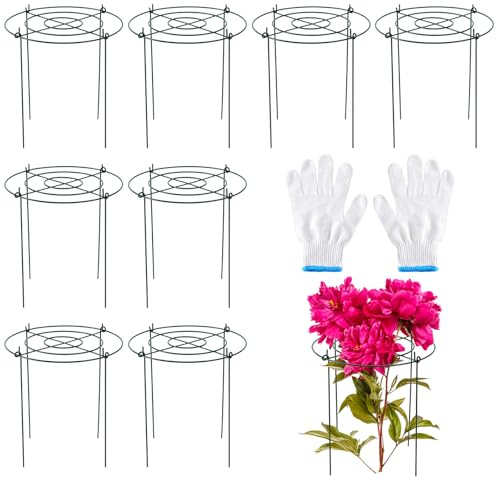 FCKLVMC 8 Pack Heavy Duty Metal Peony Cage and Supports, 4 Legs Plant Support Ring for Outdoor Plants Rose Sage Peonies Cucumbers Tomato Strawberry(11.8 Dx16 H)