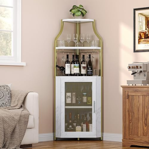 RBFGYIOP 4-Tier Corner Bar Cabinet, Industrial Freestanding Wine Storage Sideboard with Doors and Glass Holders, Adjustable Shelf & Anti-Tipping Devices, for Home Bar, Kitchen, Living Room, Gold