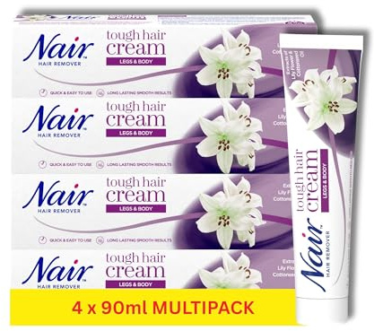 Nair Tough Hair Removal Cream, Coarse Hair, 4 x 90ml Multipack | For legs and body, With lily flower extract and cotton seed oil, Tackles thick, stubborn growth,