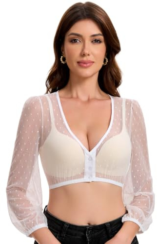 Trachtland Blusa Dirndl para Mujer de Manga Larga, Estilo Tradicional Oktoberfest Transparente, con Escote en V, Botones y Lunares Blancos Talla 34-44 (DE/NL/SE/PL, Numérico, 36, Regular, Blanco)