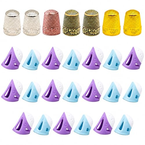27PCS Thimbles for Hand Sewing Set, Multipack Sewing Thimble Set with Thimble Tape for Hand Sewing and Silicone Thimbles, 7 Metal Thimbles with 20 Silicone Finger Covers for Various Sewing Tasks and F