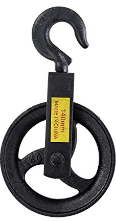 KATSU Roue de Poulie 140mm, Poulie Noire, Capacité de Chargement 200KG, Bloc de Poulie de Corde de Roue à Main Suspendue avec Crochet pour Échafaudage et Construction 18219414