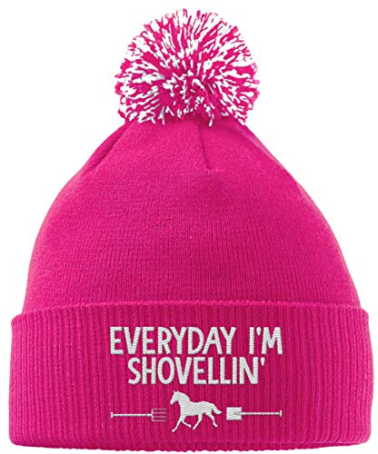 Hippowarehouse Everyday I'm Shovellin Horse Riding Embroidered Beanie Hat with Bobble Fuchsia