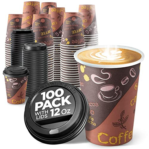 Shop Square Disposable Coffee Cups with Lids 12 oz (100 Pack) - To Go Paper Coffee Cups for Hot & Cold Beverages, Tea, Hot Chocolate, Water, Juice, Eco Friendly