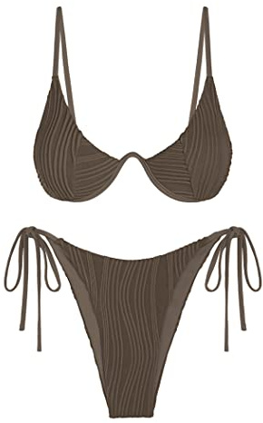 ZAFUL Conjunto de Bikini para Mujer, Acanalado, de Dos Piezas, con Aros, Cierre Trasero Ajustable, Traje de baño con Tanga con Lazo Lateral, Deep Coffee, Large