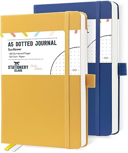 STATIONERY ISLAND bullet dotted journal A5 - Confezione da 2 - Quaderni a pois con copertina rigida con 180 pagine numerate, carta spessa 120 g/mq e dimensioni 14x21 cm - per tenere un diario