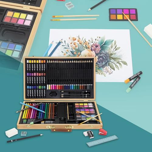 ECD Germany Estuche de Pintura de 109 Piezas Maletín de Madera Kit de Arte y Dibujo Portátil Caja Profesional de Artista para Niños y Adultos Incluye Lápices de Colores, Acuarelas y más Accesorios