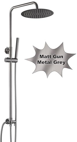 Görbach Edelstahl Duschset ohne Armatur, Regendusche Duschsystem mit Duschkopf, Duschstange, Duschschlauch, Wassersparend, Kopfbrause D25cm Gunmetal Grau