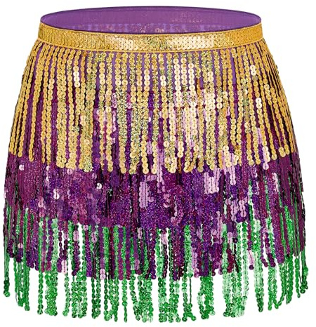 Zando Mardi Gras Rave Festival Outfits Sparkly Sequin Fringe Tassel Belly Dance Hip Scarf Skirt One Size