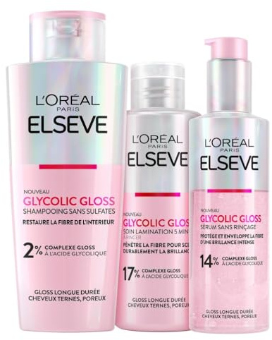 L'Oréal Paris - Routine Capillaire Protectrice pour Cheveux Ternes - Shampooing + Soin Lamination + Sérum Sans Rinçage - Acide Glycolique - Sans Sulfates - Elseve Glycolic Gloss - 3 Produits