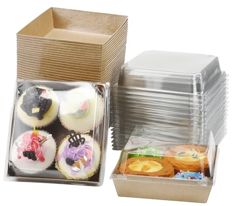 KITERI 50 Pcs Cake Slice Boxes with Clear Lids, 4.7'' Paper Charcuterie Box Oil-Proof Dessert Boxe Square Cookie Containers Takeaway Boxes Individual Cake Boxes for Portions Cupcakes, Brown