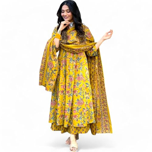 RangMahal Ensemble indien en pur coton brodé Kurta Palazzo Dupatta pour femme, jaune, XX-Large