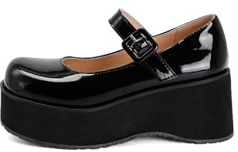 KUHAOFEU Women Gothic Mary Janes Platform Shoes Cosplay Uniform Dress Lolita Wedge Pumps with Buckle,Black,13 UK