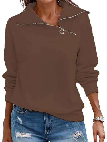 Cuptacc Damtröja, sweatshirt, höst, kvarter, dragkedja, långärmad ståkrage, pullover, lös, enfärgad, ledig topp, dam