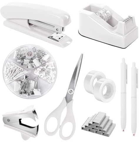 SKYDUE White Office Supplies Set, Desk Accessories, Stapler, Tape Dispenser, Scissors, Binder/Paper Clips and 1000pcs Staples, Office Decor for Women