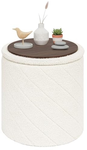 PINPLUS Puff Almacenaje Plegable con Tapa Reversible, Taburete Otomano Redondo Teddy Bouclé, Reposapiés para Salón o Dormitorio, Ø 43 x 45 cm, Blanco