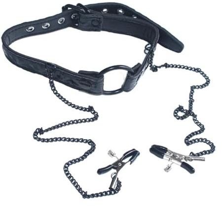 HTdangT Mordaza Bucal Bola De Mordaza Con Junta Tórica Con Abrazaderas Para Pezones Pezones Sexo Bondage Tapón Bucal De Cuero Cadena Con Clip Para Pezones Restricciones De Esclavos