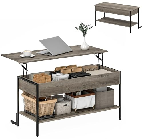 HOMCOM Table Basse Plateau Relevable Étagère Ouverte 95x40x59cm Gris