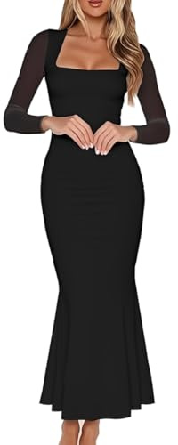 Bcenoilua Vestito Donna Elegante Maniche Lunghe Aderente Abito Lungo con Scollo Quadrato Sexy Tubino Bodycon Maxi Vestiti Tinta Unita Vintage Abiti da Cocktail per Feste e Cerimonie Discoteca