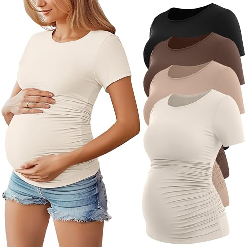 Geyoga Paquete de 4 Camisetas de Maternidad para Mujer De, Manga Corta, Cuello Redondo y Fruncido Lateral(Crema, Caqui, Café, Negro,S)