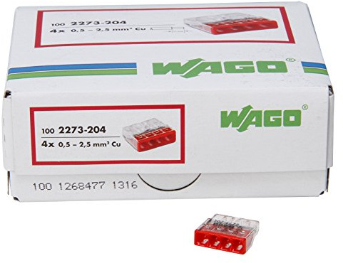 Kopp 33346422 WAGO Compact Morsetto Elettrico Connessione Dosi 4 Capo di Morsetto Rosso 0,5 – 2,5 mm² Contenuto della Confezione 100 Pezzi, Colore: TrasparenteRosso