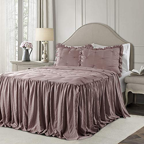 Lush Decor Ravello Pintuck Ruffle Skirt Bedspread Set - Luxe 3 Piece Ruffled Bedding Set - Traditional Glam & Farmhouse Inspired Bedroom Decor - Queen, Woodrose