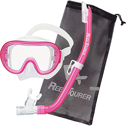 Reef Tourer Kids Snorkel Set Single Window Mask & Snorkeling Gear for Kids – Semi-Dry Top, Wide View Single Window Mask w/Reusable Mesh Bag Ages 4-9 for Snorkeling and Swimming, Clear Pink