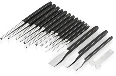 Mechanics Punches and Chisel Set, 16Pcs Pin Punch Center Punch Cold Chisel Punch Set, High Hardness Chrome Vanadium Steel Center Tapered Chisel Punch Set with Bag and Cold Gauge for Punching Work