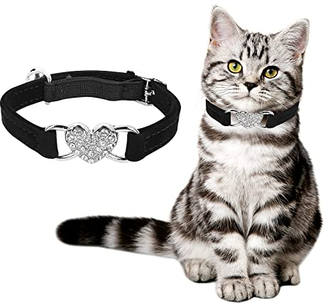 Molain Heart Bling Katzenhalsband, verstellbares Halsband mit Sicherheitsgurt und Glöckchen, Strasshalsband für Kätzchen, kleine Hunde, Katzen (schwarz)