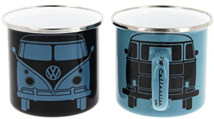 BRISA VW Collection - Volkswagen 2er Set Emaille Kaffee-Tee-Cappuccino-Tasse-Becher-Haferl Mug für Camping & Outdoor T1 Bus (350 ml x2/Schwarz & Blau)