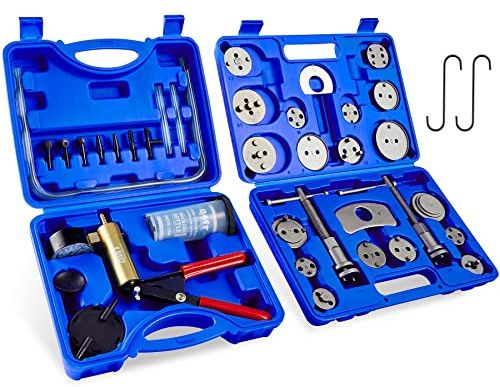 Orion Motor Tech 2 in 1 Brake Caliper Compression Tool & Brake Bleeder Kit, Handheld Vacuum Pump Brake Bleeder Tool Set, Disc Brake Pad Service Tool with Thrust Bolt Retaining Plates & 18 Adapters
