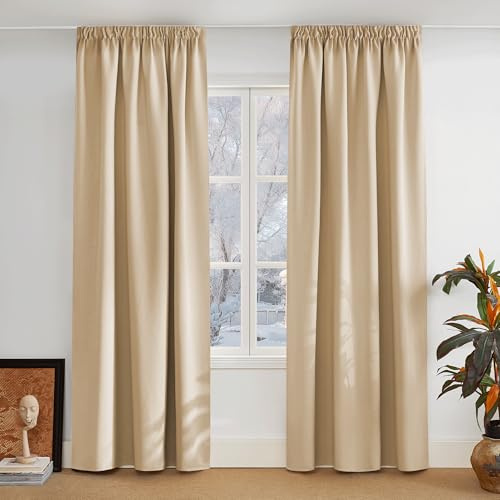 PONY DANCE Thermal Curtains Cold Protection Wrinkle Tape Curtains for Living Room Rail System 2 Pieces H 300 W 140 cm Opaque Blackout Beige Biscotti