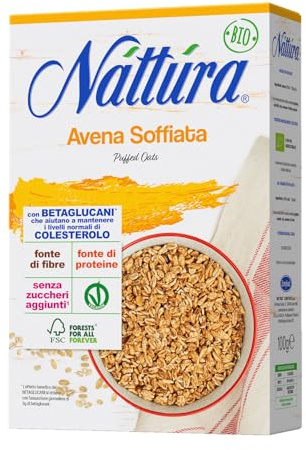 NATTURA Avena Soffiata, Chicchi di Avena Soffiati Senza Zuccheri Aggiunti, Fonte di Proteine e di Fibre, Prodotto Vegano, Contribuisce a Mantenere i Livelli Normali di Colesterolo, Confezione da 100 g