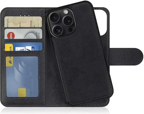 MyGadget Flip-fodral för iPhone 15 Pro Max - [avtagbart magnetfodral] - mobilfodral av konstläder - [flipfodral med kortplats] skyddsfodral i svart