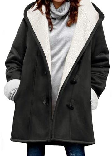 Svanco Mujer Abrigos Invierno Calentitos con Forro Polar Chaqueta de Piel con Capucha con Horn Botones Parka Grueso Elegantes Sudadera Lana
