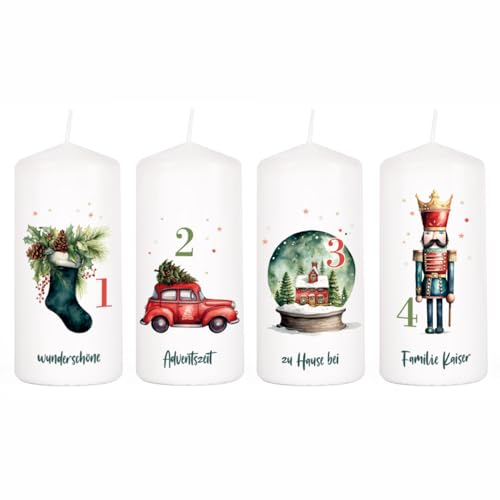 Herz & Heim® Adventskerzen Set -Weihnachtszauber- mit stimmungsvollen Motiven und Wunschtext auf 4 Kerzen