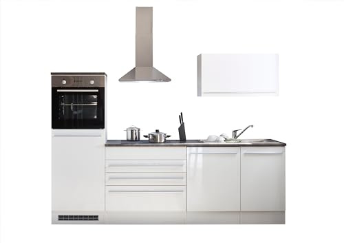 AVANTI TRENDSTORE - Flussio - Cucina completa in laminato nel colore bianco lucido e Stone dark, composto da diversi elementi. Dimensioni ca. LAP 260x200x60cm