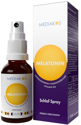 Mediakos® Melatonin Einschlafspray mit Ashwagandha (50ml) - Hochdosiertes Melatonin Spray mit Passionsblume & Vitamin B6 - Schlafspray für direkte & kontaktlose Anwendung - Pfirsich-Geschmack