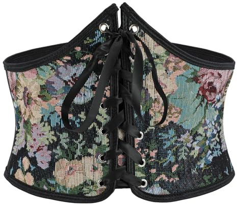 LEACOOLKEY Cinturón de corsé floral para mujer, con cordones, cintura ancha, cinturón renacentista para vestido, A-negro., (67cm)Fit Taille Größe 58-66cm