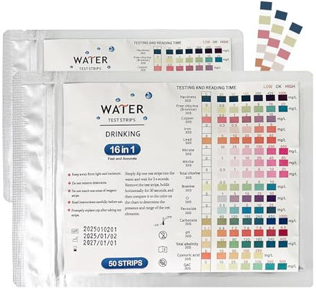 50x 16 in 1 Trinkwasser Teststreifen, Wassertester trinkwasser,Wasserhärte teststreifen,Ph teststreifen, Trinkwasser Testband zur einfachen Prüfung der Wasserqualität