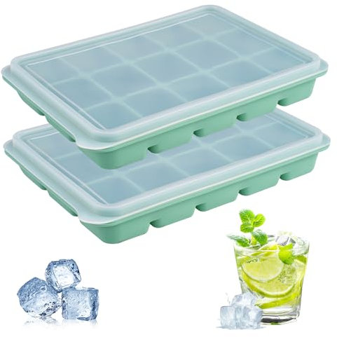 2 Pezzi Stampo Ghiaccio Silicone, Porta Ghiaccio per Freezer con Coperchio, 15 Scomparti Formine Ghiaccio Silicone, Vassoio per Cubetti di Ghiaccio per Cocktail, Whisky, Frutta Purea, Gelato, Succo