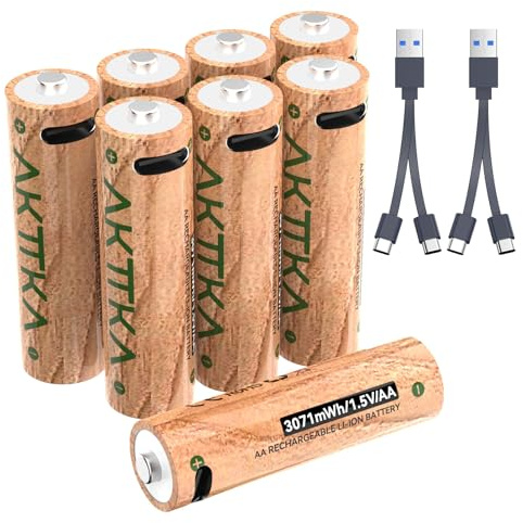 AKTTKA Confezione da 8 batterie al Litio AA Ricaricabili Direttamente con Cavo Type-C, 3071 mWh/1,5 V Tensione costante, 2047 mAh per Giocattoli, Telecomandi, Fotocamere, Console di Gioco