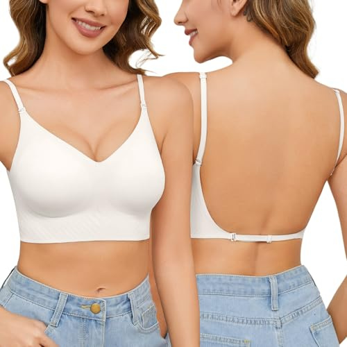 PASUDA Sujetador sin Espalda Baja Mujer con Tirantes Multiposición Elegante Invisible Básico Profundo con Base Antideslizante Sexy Forma de V Cómodo Bralette para Vestido y Boda (Blanco, S)