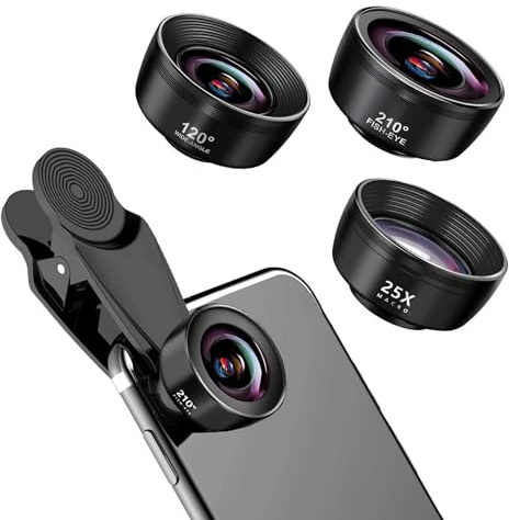 3 en 1 Objectif Telephone Portable, Kit D'objectifs 3 en 1 pour Téléphone Portable, 25X Objectif Macro, 210° Objectif fisheye, 120° Objectif Grand Angle, Objectif pour Smartphone