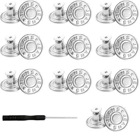 10Pcs Jean Button Pins, 17mm No Sew, Silver Metal Replacement Buttons | Adjustable and Detachable, With Screwdriver, For Jeans, Jackets, Clothes, DIY Crafts, Clothing Repair