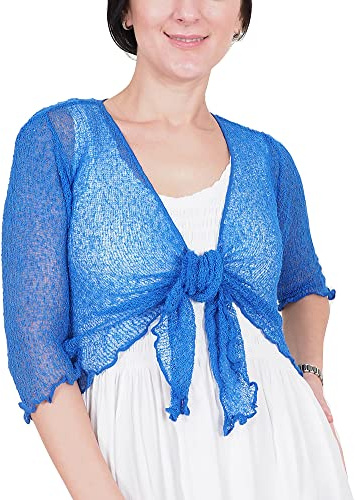 Mimosa Dambolero i virkat glitter eller i vanlig stretchspets, fisknät, baliknut i midjan, öppen cardigan, Kunglig, One Size (Stor)