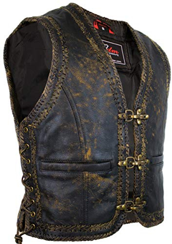 MDM Chaleco de cuero moto hombre vintage – estilo biker custom, auténtico cuero de vaca, triple hebilla, cordones laterales ajustables (FR/ES, Letras, 3XL, Regular, Regular)